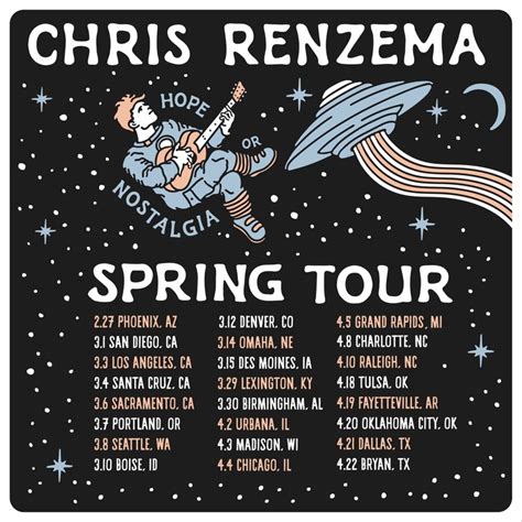 Chris renzema tour - Feb 4, 2022 · Chris Renzema Announces ‘Hope or Nostalgia Spring Tour’ Dates. Ross Cluver. February 4, 2022. Nashville, TN (February 4, 2022) Chris Renzema strikes a chord with music fans, packing out venues coast-to-coast while connecting lyrically and musically with three widely acclaimed studio albums. His latest release Get Out of the Way of Your Own ... 